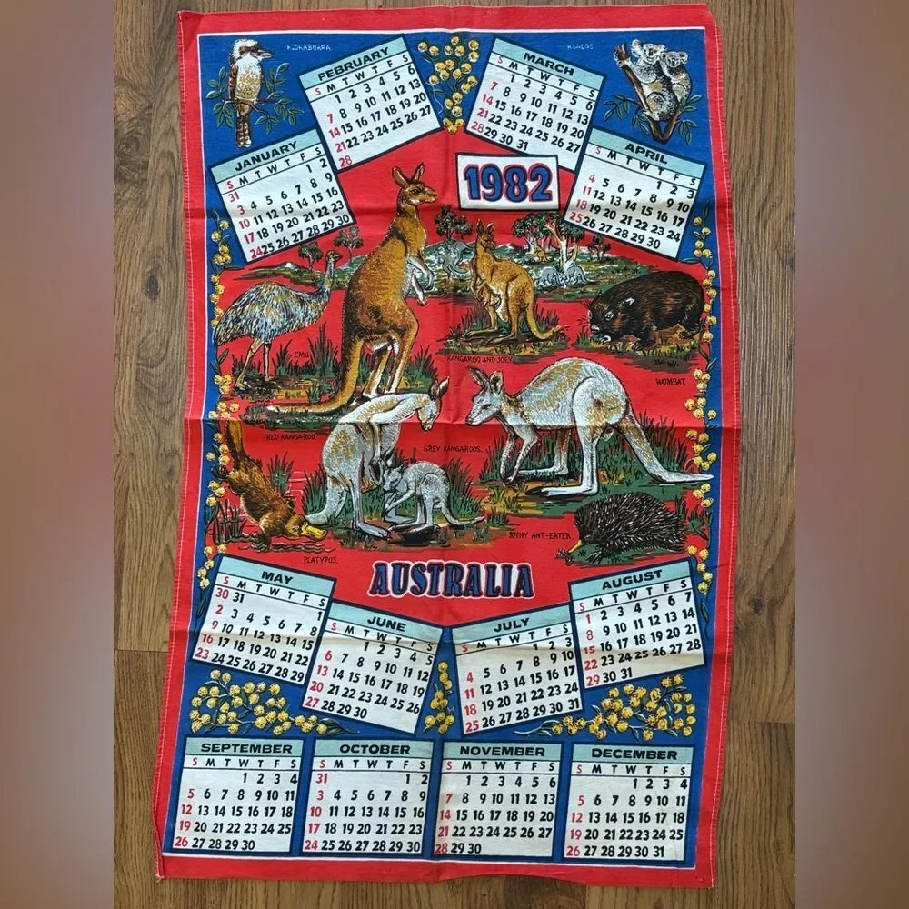 Vintage Red Calendar Tea Towel 1982 Australia Cotton 28”x17.5” Kangaroo Birds